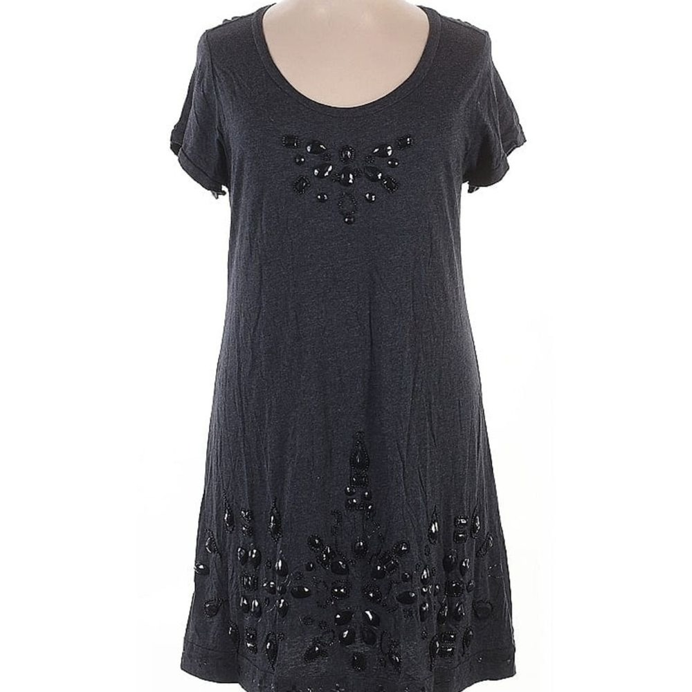 2ten T-Shirt Dress Women XL Gray Beaded Embellished Boho Casual Tunic Jewels